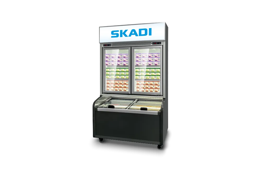 Image of Durable Commercial Freezer Cabinet | CFC-1268A from Skadi, featuring a two-door glass display with illuminated shelves displaying assorted food items, ideal for commercial and retail use. The freezer has a sleek black exterior, emphasizing durability and efficiency.